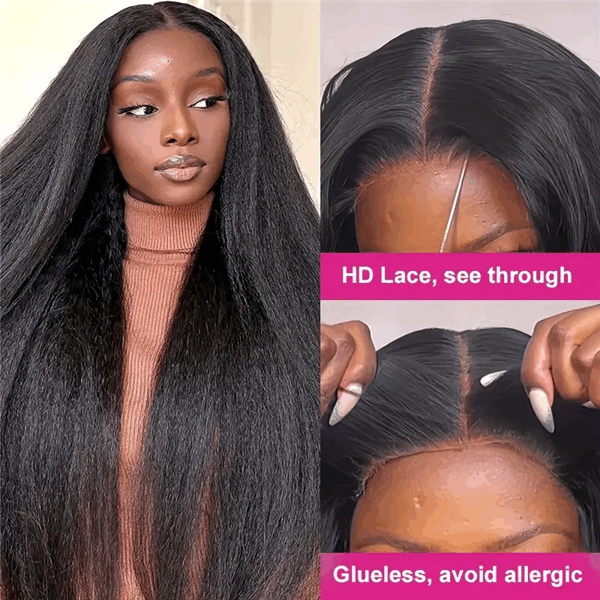 KinkyStraight4x4HDTransparentLaceFrontHumanHairWigsGluelessWearAndGoKinkyStraight HD Lace WigsHair BundlesGlueless WigsCrochet hair extensions OUOHAIR