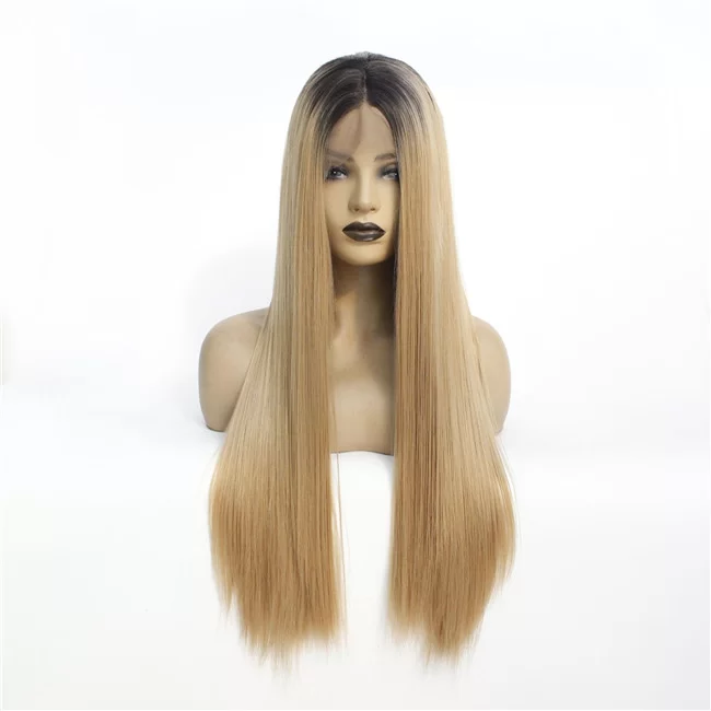 Black Gradient Gold Front Lace Wig Synthetic Straight Hair3 HD Lace WigsHair BundlesGlueless WigsCrochet hair extensions OUOHAIR