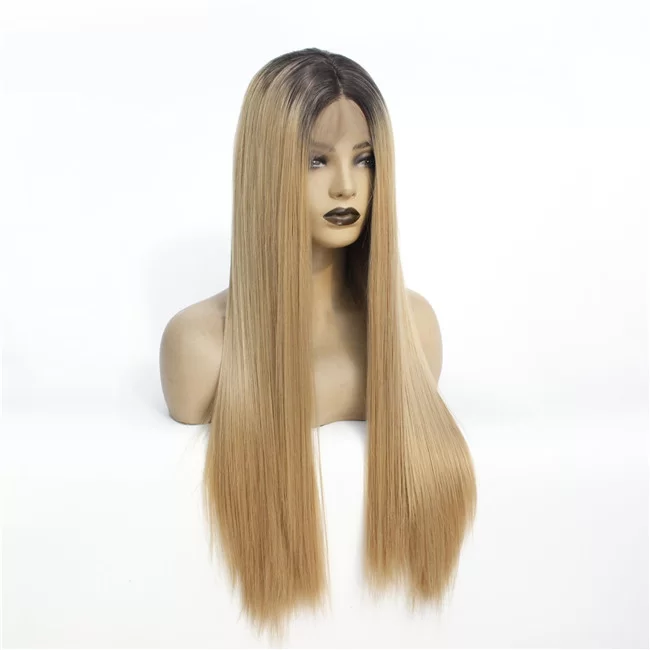 Black Gradient Gold Front Lace Wig Synthetic Straight Hair4 HD Lace WigsHair BundlesGlueless WigsCrochet hair extensions OUOHAIR