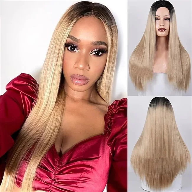 Black Gradient Gold Front Lace Wig Synthetic Straight Hair5 HD Lace WigsHair BundlesGlueless WigsCrochet hair extensions OUOHAIR