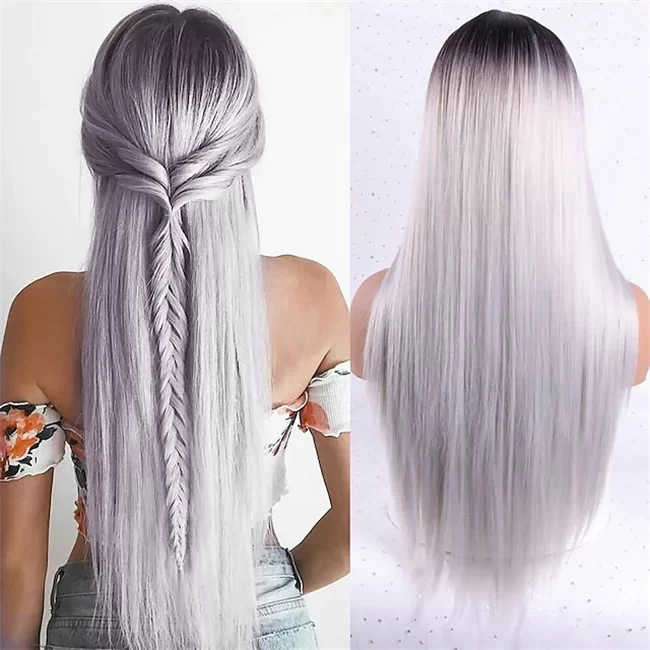 Black Omber Gray Straight Synthetic Wig HD Lace WigsHair BundlesGlueless WigsCrochet hair extensions OUOHAIR