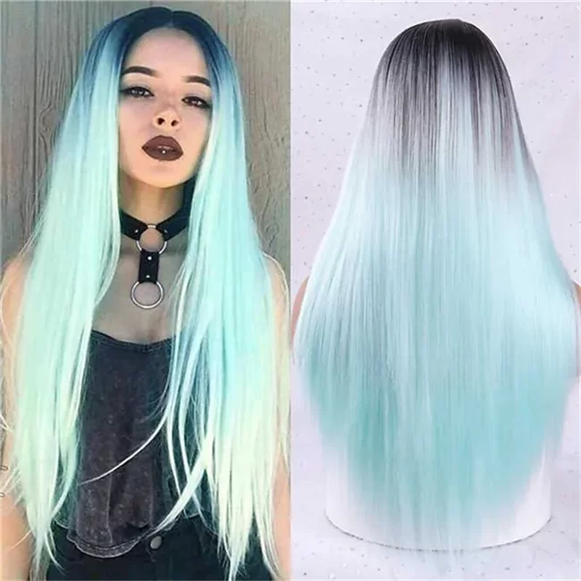 Black Omber Light Blue Straight Synthetic Wig HD Lace WigsHair BundlesGlueless WigsCrochet hair extensions OUOHAIR