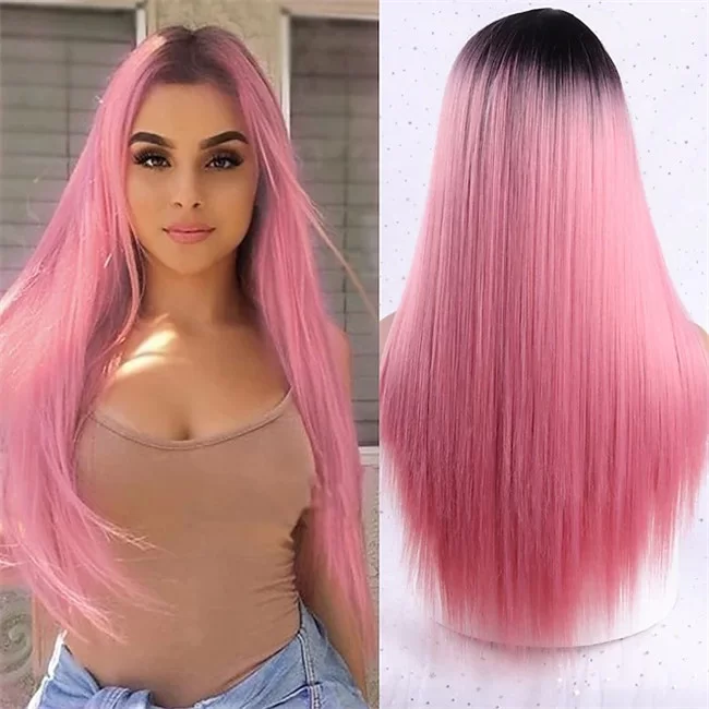 Black Omber Pink Straight Synthetic Wig HD Lace WigsHair BundlesGlueless WigsCrochet hair extensions OUOHAIR