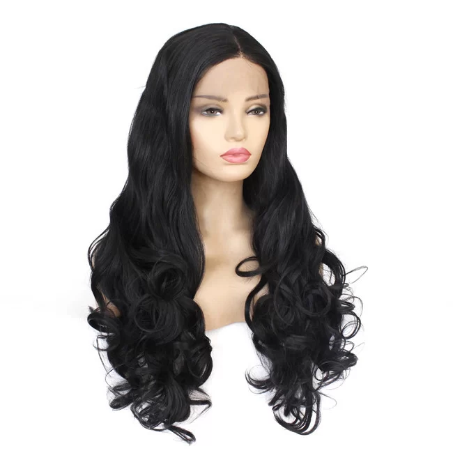 Black fashionable long wave synthetic lace front wig2 HD Lace WigsHair BundlesGlueless WigsCrochet hair extensions OUOHAIR