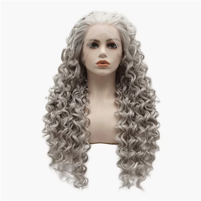 European and American fashion Gray Curly Long Synthetic Frontal Lace Wig1 HD Lace WigsHair BundlesGlueless WigsCrochet hair extensions OUOHAIR