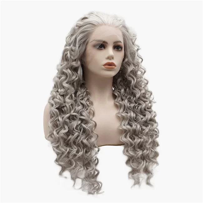 European and American fashion Gray Curly Long Synthetic Frontal Lace Wig2 HD Lace WigsHair BundlesGlueless WigsCrochet hair extensions OUOHAIR