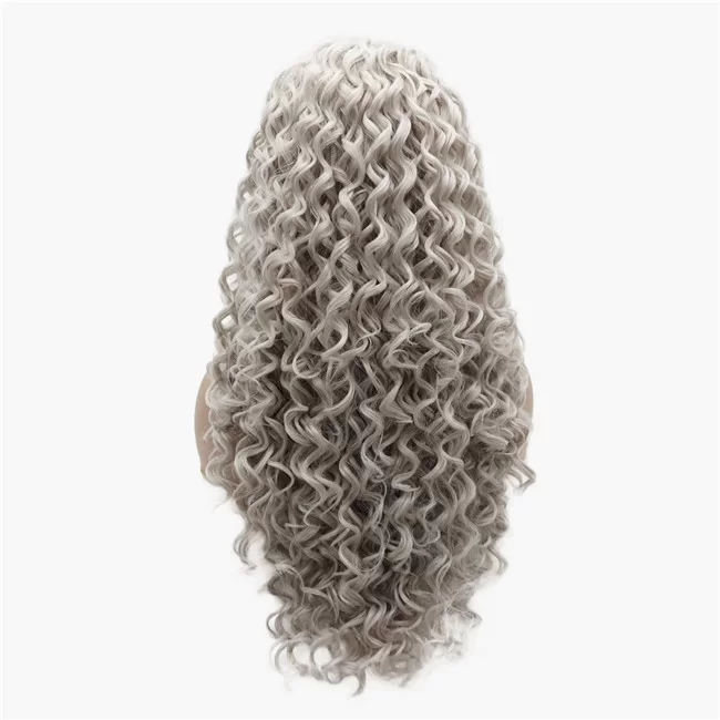 European and American fashion Gray Curly Long Synthetic Frontal Lace Wig3 HD Lace WigsHair BundlesGlueless WigsCrochet hair extensions OUOHAIR