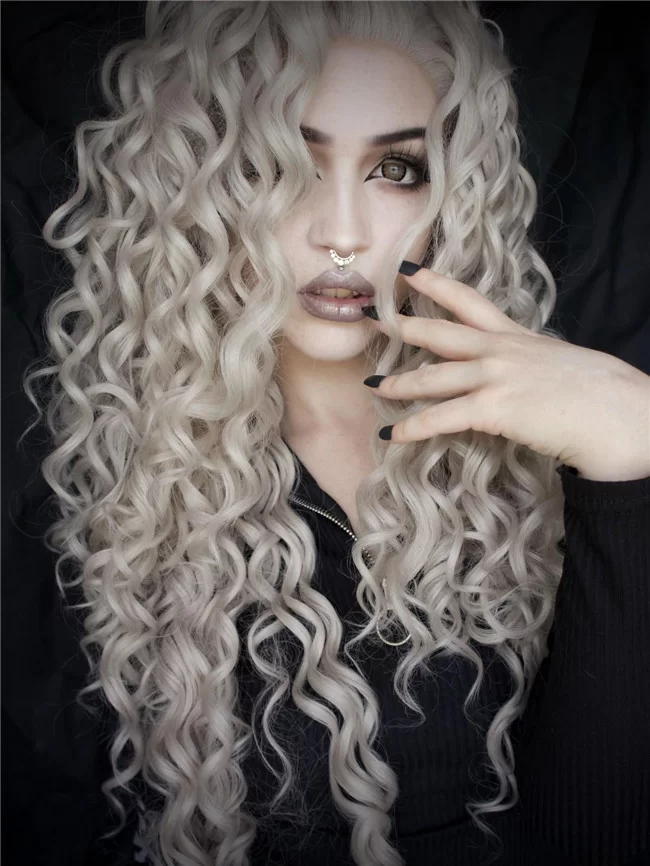 European and American fashion Gray Curly Long Synthetic Frontal Lace Wig4 HD Lace WigsHair BundlesGlueless WigsCrochet hair extensions OUOHAIR