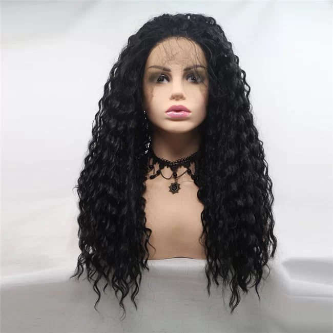 Front lace long Synthetic curly hair Amazon hot selling African black wigs4 HD Lace WigsHair BundlesGlueless WigsCrochet hair extensions OUOHAIR