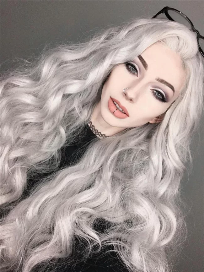 Gray Long Wavy Synthetic Lace Front Wig1 HD Lace WigsHair BundlesGlueless WigsCrochet hair extensions OUOHAIR