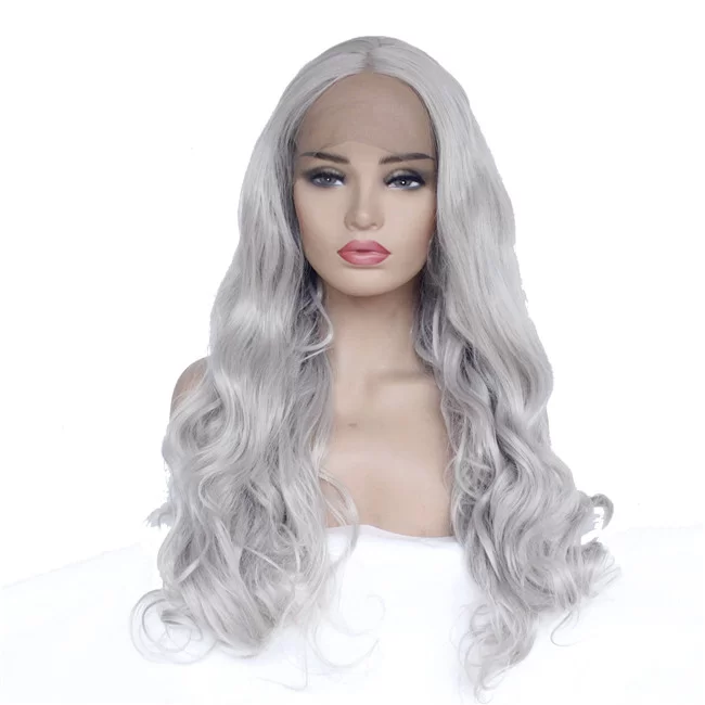 Gray Long Wavy Synthetic Lace Front Wig2 HD Lace WigsHair BundlesGlueless WigsCrochet hair extensions OUOHAIR