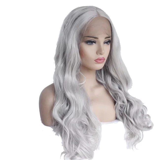 Gray Long Wavy Synthetic Lace Front Wig4 HD Lace WigsHair BundlesGlueless WigsCrochet hair extensions OUOHAIR