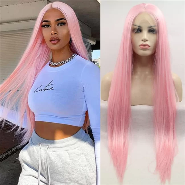 Hot selling fashionable womens wigs pink long straight hair Amazon synthetic fiber front lace HD Lace WigsHair BundlesGlueless WigsCrochet hair extensions OUOHAIR