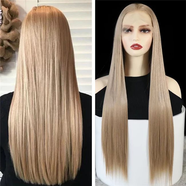 Long Natural Straight Light Brown Wig Middle Part Synthetic Wig HD Lace WigsHair BundlesGlueless WigsCrochet hair extensions OUOHAIR
