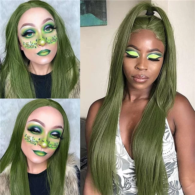 Matcha Green Long Straight Synthetic Lace Front Wig2 HD Lace WigsHair BundlesGlueless WigsCrochet hair extensions OUOHAIR
