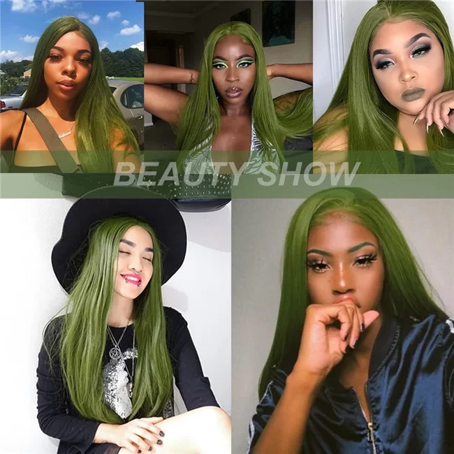 Matcha Green Long Straight Synthetic Lace Front Wig3 HD Lace WigsHair BundlesGlueless WigsCrochet hair extensions OUOHAIR