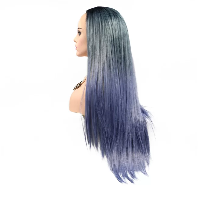 Straight Gray Blue Purple Middle Part Synthetic1 HD Lace WigsHair BundlesGlueless WigsCrochet hair extensions OUOHAIR