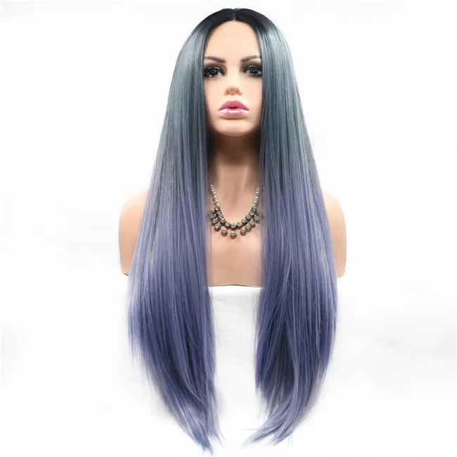 Straight Gray Blue Purple Middle Part Synthetic4 HD Lace WigsHair BundlesGlueless WigsCrochet hair extensions OUOHAIR