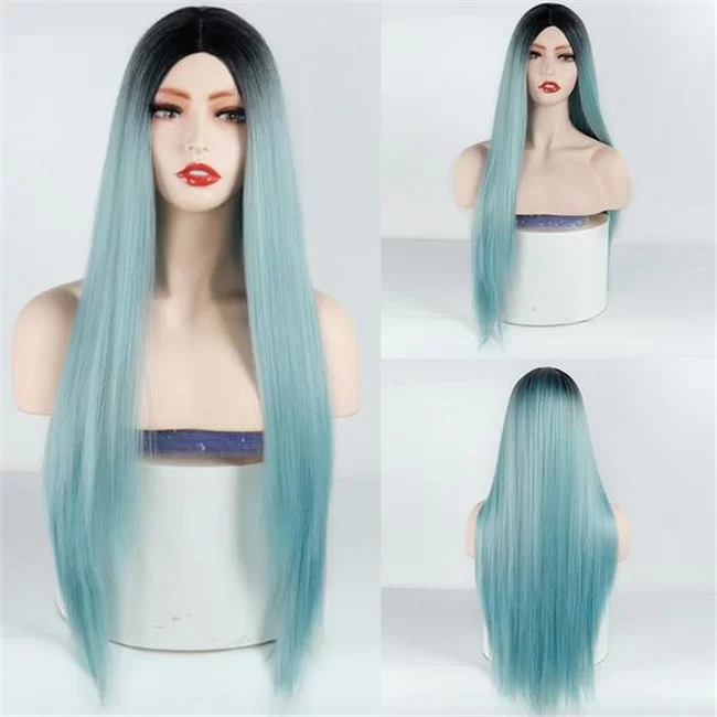Women Girls Blue Wigs Dark Roots Ombre Blue Long Straight Costume Cosplay Party HD Lace WigsHair BundlesGlueless WigsCrochet hair extensions OUOHAIR