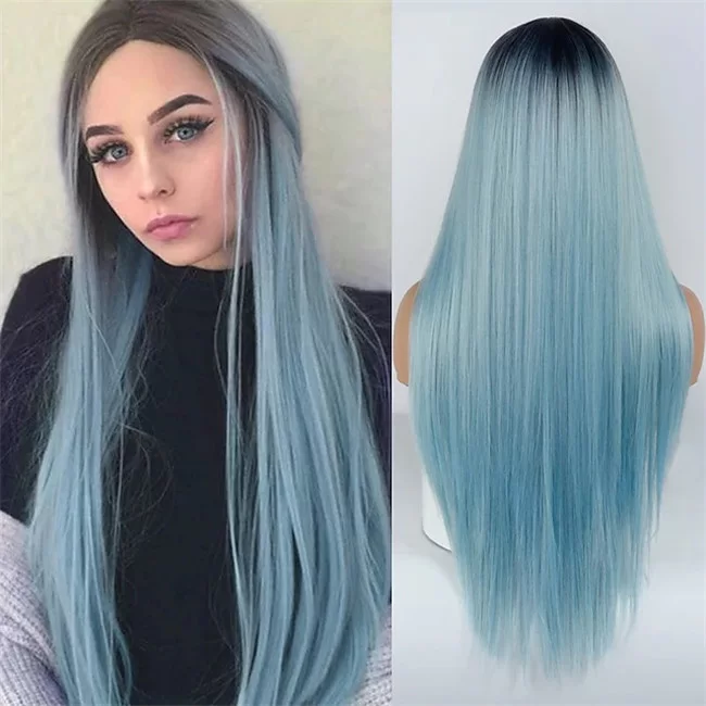 Women Girls Blue Wigs Dark Roots Ombre Blue Long Straight Costume Cosplay Party2 HD Lace WigsHair BundlesGlueless WigsCrochet hair extensions OUOHAIR